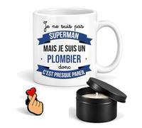 Planetee Coffret Mug Plombier Super-Héros | Céramique 330 ml, Bougie Parfumée en Boîte Métal, Pin's Cœur | 3 Pièces | Cadeau Noël Collègue Homme Départ Retraite Remerciement