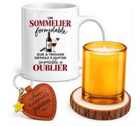 Planetee Coffret Mug Sommelier Impossible à Oublier | Céramique 330 ml, Bougie en Verre, Sous-Verre Bois, Porte-Clés Cœur, 4 Pièces, Cadeau Noël Collègue Homme Départ Retraite