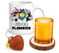 Planetee Coffret Mug Super Plombier | Céramique 330 ml, Bougie en Verre, Sous-Verre Bois, Porte-Clés Cœur | 4 Pièces | Cadeau Noël Collègue Homme Départ Retraite Remerciement
