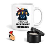 Planetee Coffret Mug Super Secrétaire Médicale Super-Héros | Céramique 330 ml, Bougie Parfumée en Boîte Métal, Pin's Cœur, 3 Pièces, Cadeau Noël Collègue Femme Départ Retraite