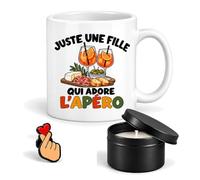 Planetee Coffret Mug Une Fille qui Adore l'Apéro | Céramique 330 ml, Bougie Parfumée en Boîte Métal, Pin's Cœur, 3 Pièces, Cadeau Noël Femme Passionnée Humour Original
