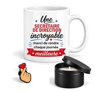 Planetee Coffret Mug Une Secrétaire de Direction Incroyable | Céramique 330 ml, Bougie Parfumée en Boîte Métal, Pin's Cœur, 3 Pièces, Cadeau Noël Collègue Femme Départ Retraite