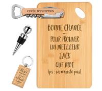 Planetee Coffret Planche à Découper Bonne Chance Jack | Bambou Gravé, Tire-Bouchon, Bouchon à Vin, Porte-Clés, 4 Pièces, Cadeau Noël Homme Anniversaire Fête Original