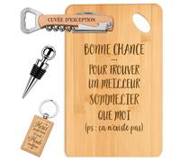 Planetee Coffret Planche à Découper Bonne Chance Sommelier | Bambou Gravé, Tire-Bouchon, Bouchon à Vin, Porte-Clés, 4 Pièces, Cadeau Noël Collègue Homme Départ Retraite Remerciement