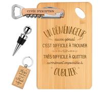 Planetee Coffret Planche à Découper Déménageur aussi Génial | Bambou Gravé, Tire-Bouchon, Bouchon à Vin, Porte-Clés | 4 Pièces | Cadeau Noël Collègue Homme Départ Retraite Remerciement