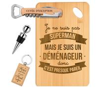Planetee Coffret Planche à Découper Déménageur Super-Héros | Bambou Gravé, Tire-Bouchon, Bouchon à Vin, Porte-Clés | 4 Pièces | Cadeau Noël Collègue Homme Départ Retraite Remerciement