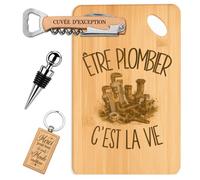 Planetee Coffret Planche à Découper Être Plombier c'est la Vie | Bambou Gravé, Tire-Bouchon, Bouchon à Vin, Porte-Clés | 4 Pièces | Cadeau Noël Collègue Homme Départ Retraite Remerciement