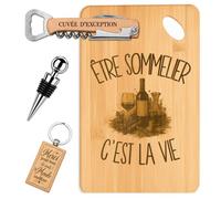 Planetee Coffret Planche à Découper Être Sommelier c'est la Vie | Bambou Gravé, Tire-Bouchon, Bouchon à Vin, Porte-Clés, 4 Pièces, Cadeau Noël Collègue Homme Départ Retraite Remerciement