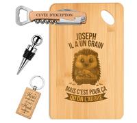 Planetee Coffret Planche à Découper Joseph a un Grain | Bambou Gravé, Tire-Bouchon, Bouchon à Vin, Porte-Clés, 4 Pièces, Cadeau Noël Homme Anniversaire Fête Original