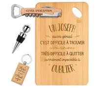 Planetee Coffret Planche à Découper Joseph aussi Génial | Bambou Gravé, Tire-Bouchon, Bouchon à Vin, Porte-Clés, 4 Pièces, Cadeau Noël Homme Anniversaire Fête Original