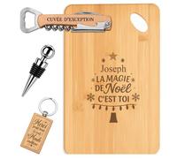 Planetee Coffret Planche à Découper Joseph, la magie de Noël c'est toi | Bambou Gravé, Tire-Bouchon, Bouchon à Vin, Porte-Clés, 4 Pièces, Cadeau Noël Homme Anniversaire Fête Original