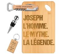 Planetee Coffret Planche à Découper Joseph Mythe Légende | Bambou Gravé, Tire-Bouchon, Bouchon à Vin, Porte-Clés, 4 Pièces, Cadeau Noël Homme Anniversaire Fête Original
