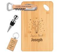 Planetee Coffret Planche à Découper Joyeux Noël Joseph | Bambou Gravé, Tire-Bouchon, Bouchon à Vin, Porte-Clés, 4 Pièces, Cadeau Noël Homme Anniversaire Fête Original