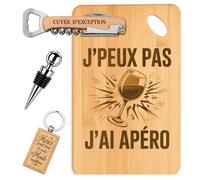 Planetee Coffret Planche à Découper J'peux pas J'ai Apéro | Bambou Gravé, Tire-Bouchon, Bouchon à Vin, Porte-Clés, 4 Pièces, Cadeau Noël Homme Passionné Humour Original Anniversaire