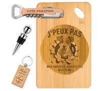 Planetee Coffret Planche à Découper J'peux pas J'ai Jack Russell | Bambou Gravé, Tire-Bouchon, Bouchon à Vin, Porte-Clés, 4 Pièces, Cadeau Noël Homme Passionné Humour Original Anniversaire