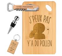 Planetee Coffret Planche à Découper J'peux pas J'ai Pollen | Bambou Gravé, Tire-Bouchon, Bouchon à Vin, Porte-Clés, 4 Pièces, Cadeau Noël Homme Passionné Humour Original Anniversaire