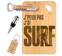 Planetee Coffret Planche à Découper J'peux pas Surf Minimaliste | Bambou Gravé, Tire-Bouchon, Bouchon à Vin, Porte-Clés, 4 Pièces, Cadeau Noël Homme Passionné Humour Original Anniversaire
