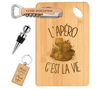 Planetee Coffret Planche à Découper L'Apéro c'est la Vie | Bambou Gravé, Tire-Bouchon, Bouchon à Vin, Porte-Clés, 4 Pièces, Cadeau Noël Homme Passionné Humour Original Anniversaire