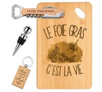 Planetee Coffret Planche à Découper Le Foie Gras c'est la Vie | Bambou Gravé, Tire-Bouchon, Bouchon à Vin, Porte-Clés | 4 Pièces | Cadeau Noël Homme Passionné Humour Original Anniversaire