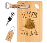 Planetee Coffret Planche à Découper Le Pastis c'est la Vie | Bambou Gravé, Tire-Bouchon, Bouchon à Vin, Porte-Clés, 4 Pièces, Cadeau Noël Homme Passionné Humour Original Anniversaire