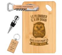 Planetee Coffret Planche à Découper Le Plombier a un Grain | Bambou Gravé, Tire-Bouchon, Bouchon à Vin, Porte-Clés | 4 Pièces | Cadeau Noël Collègue Homme Départ Retraite Remerciement