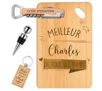 Planetee Coffret Planche à Découper Meilleur Charles de Tous les Temps | Bambou Gravé, Tire-Bouchon, Bouchon à Vin, Porte-Clés, 4 Pièces, Cadeau Noël Homme Anniversaire Fête Original
