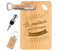 Planetee Coffret Planche à Découper Meilleur Chef de Rayon du Monde | Bambou Gravé, Tire-Bouchon, Bouchon à Vin, Porte-Clés, 4 Pièces, Cadeau Noël Collègue Homme Départ Retraite Remerciement