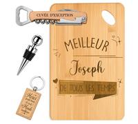 Planetee Coffret Planche à Découper Meilleur Joseph de Tous les Temps | Bambou Gravé, Tire-Bouchon, Bouchon à Vin, Porte-Clés, 4 Pièces, Cadeau Noël Homme Anniversaire Fête Original