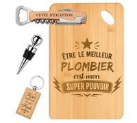Planetee Coffret Planche à Découper Meilleur Plombier Super Pouvoir | Bambou Gravé, Tire-Bouchon, Bouchon à Vin, Porte-Clés | 4 Pièces | Cadeau Noël Collègue Homme Départ Retraite Remerciement
