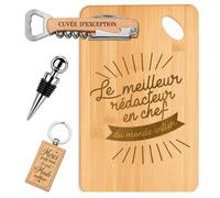 Planetee Coffret Planche à Découper Meilleur Rédacteur en Chef du Monde | Bambou Gravé, Tire-Bouchon, Bouchon à Vin, Porte-Clés, 4 Pièces, Cadeau Noël Collègue Homme Départ Retraite Remerciement