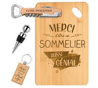 Planetee Coffret Planche à Découper Merci Sommelier Génial | Bambou Gravé, Tire-Bouchon, Bouchon à Vin, Porte-Clés, 4 Pièces, Cadeau Noël Collègue Homme Départ Retraite Remerciement