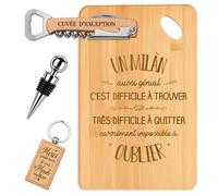 Planetee Coffret Planche à Découper Milàn aussi Génial | Bambou Gravé, Tire-Bouchon, Bouchon à Vin, Porte-Clés, 4 Pièces, Cadeau Noël Homme Anniversaire Fête Original