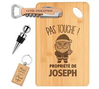 Planetee Coffret Planche à Découper Pas touche ! Propriété de Joseph | Bambou Gravé, Tire-Bouchon, Bouchon à Vin, Porte-Clés, 4 Pièces, Cadeau Noël Homme Anniversaire Fête Original