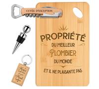 Planetee Coffret Planche à Découper Propriété Meilleur Plombier | Bambou Gravé, Tire-Bouchon, Bouchon à Vin, Porte-Clés | 4 Pièces | Cadeau Noël Collègue Homme Départ Retraite Remerciement
