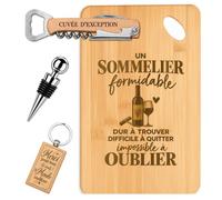 Planetee Coffret Planche à Découper Sommelier Impossible à Oublier | Bambou Gravé, Tire-Bouchon, Bouchon à Vin, Porte-Clés, 4 Pièces, Cadeau Noël Collègue Homme Départ Retraite Remerciement