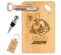 Planetee Coffret Planche à Découper Super Joseph | Bambou Gravé, Tire-Bouchon, Bouchon à Vin, Porte-Clés, 4 Pièces, Cadeau Noël Homme Anniversaire Fête Original