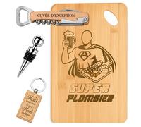 Planetee Coffret Planche à Découper Super Plombier | Bambou Gravé, Tire-Bouchon, Bouchon à Vin, Porte-Clés | 4 Pièces | Cadeau Noël Collègue Homme Départ Retraite Remerciement