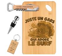 Planetee Coffret Planche à Découper Un Gars qui Adore le Surf | Bambou Gravé, Tire-Bouchon, Bouchon à Vin, Porte-Clés, 4 Pièces, Cadeau Noël Homme Passionné Humour Original Anniversaire