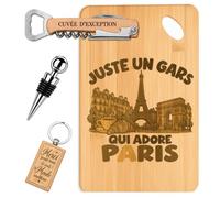 Planetee Coffret Planche à Découper Un Gars qui Adore Paris | Bambou Gravé, Tire-Bouchon, Bouchon à Vin, Porte-Clés, 4 Pièces, Cadeau Noël Homme Passionné Humour Original Anniversaire