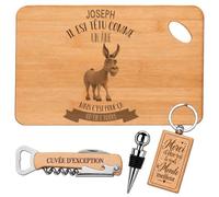 Planetee Coffret Planche Apéro Joseph Têtu comme un Âne mais on l'Adore | Bambou Gravé, Tire-Bouchon, Bouchon à Vin, Porte-Clés, 4 Pièces, Cadeau Homme Fête des Pères