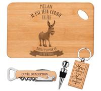 Planetee Coffret Planche Apéro Milan Têtu comme un Âne mais on l'Adore | Bambou Gravé, Tire-Bouchon, Bouchon à Vin, Porte-Clés, 4 Pièces, Cadeau Homme Fête des Pères