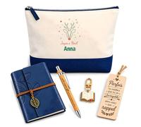 Planetee Coffret Pochette Joyeux Noël Anna | Pochette Coton, Carnet Similicuir, Stylo Bambou, Marque-Page Bois, Porte-Clés Livre, 5 Pièces, Cadeau Noël Anniversaire Fête