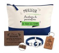 Planetee Coffret Pochette Meilleur Auxiliaire de Puériculture | Pochette Coton 5 L, Portefeuille Gravé, Porte-Clés, Bracelet Ancre, 4 Pièces, Cadeau Noël Assistant Maternel Crèche Fin