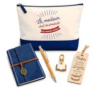 Planetee Coffret Pochette Meilleur Chef de Produits du Monde | Pochette Coton, Carnet Similicuir, Stylo Bambou, Marque-Page Bois, Porte-Clés Livre, 5 Pièces, Cadeau Noël Collègue Homme