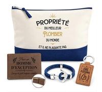Planetee Coffret Pochette Propriété Meilleur Plombier | Pochette Coton 5 L, Portefeuille Gravé, Porte-Clés, Bracelet Ancre | 4 Pièces | Cadeau Noël Collègue Homme Départ Retraite Remerciement