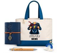Planetee Coffret Sac Shopping Bébé | Cabas Coton 27 L, Carnet Similicuir, Stylo Bambou, Porte-Clés, Trombone | 5 Pièces | Cadeau Noël Anniversaire Naissance
