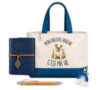 Planetee Coffret Sac Shopping Bulldog Anglais | Cabas Coton 27 L, Carnet Similicuir, Stylo Bambou, Porte-Clés, Trombone | 5 Pièces | Cadeau Noël Passionné Humour Original Anniversaire