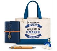 Planetee Coffret Sac Shopping Déménageur | Cabas Coton 27 L, Carnet Similicuir, Stylo Bambou, Porte-Clés, Trombone | 5 Pièces | Cadeau Noël Collègue Homme Départ Retraite Remerciement