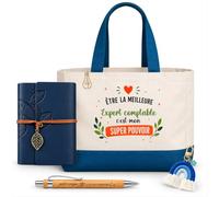 Planetee Coffret Sac Shopping Expert Comptable | Cabas Coton 27 L, Carnet Similicuir, Stylo Bambou, Porte-Clés, Trombone, 5 Pièces, Cadeau Noël Collègue Femme Départ Retraite