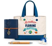 Planetee Coffret Sac Shopping Florine | Cabas Coton 27 L, Carnet Similicuir, Stylo Bambou, Porte-Clés, Trombone | 5 Pièces | Cadeau Noël Femme Anniversaire Fête Original